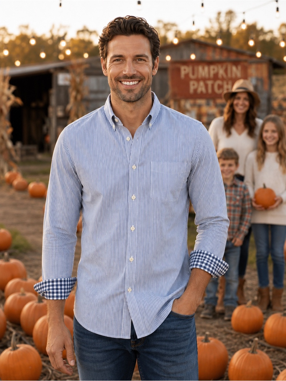 Original Penguin Blue Pinstripe Button-Down Shirt with Gingham Cuffs